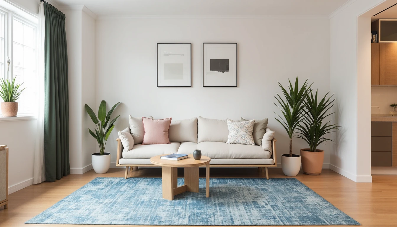 Tonal blue rug with subtle pattern variation in a calm sophisticated study room
