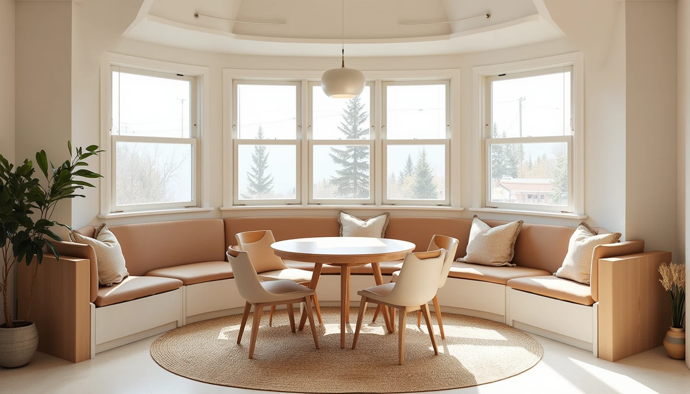 round jute small rug beneath a round breakfast table in a sunlit kitchen nook