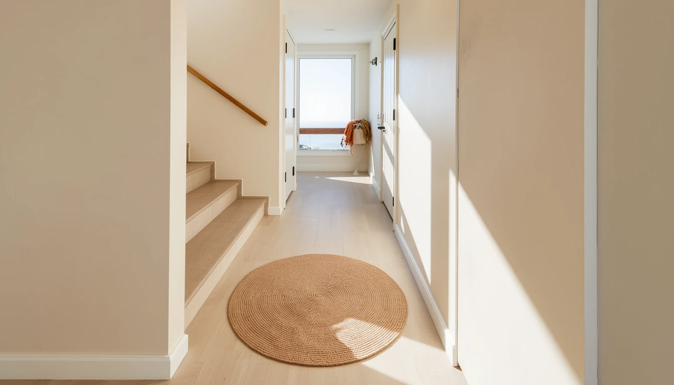 small rug placed on a sunlit stair landing between two flights of stairs
