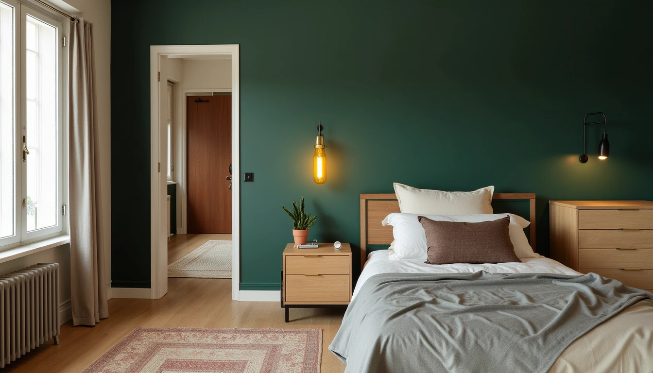 deep forest green color drenched bedroom with wood furniture and brass sconces