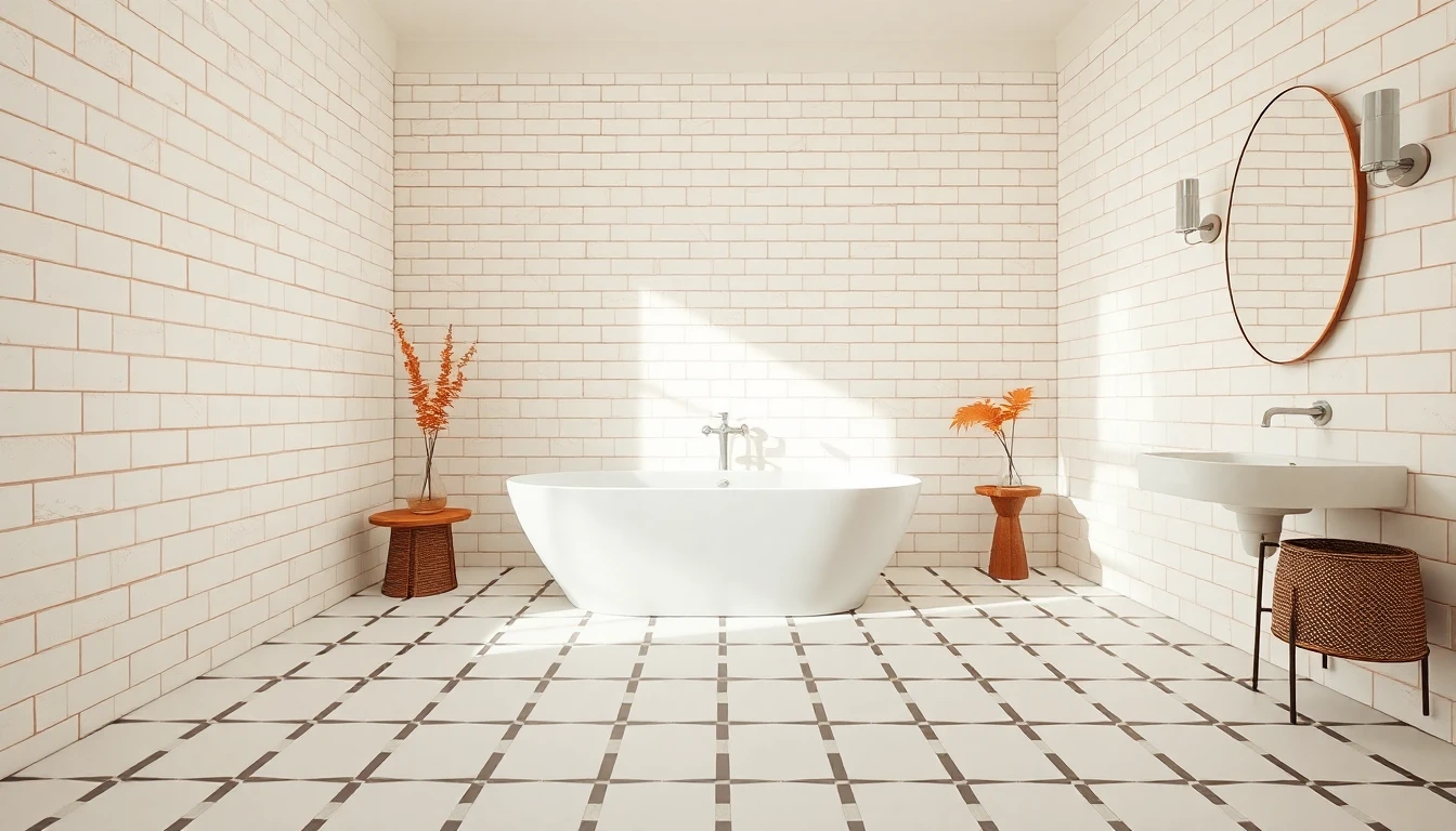 White square tile with black contrasting grout lines creating a graphic grid pattern on a bathroom floor