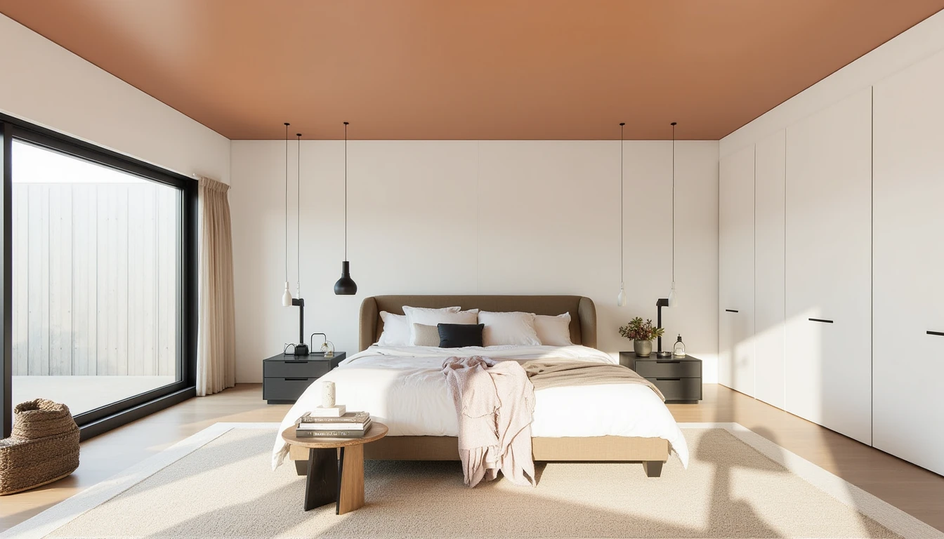 bedroom with color drenched ceiling in a soft muted tone against white walls