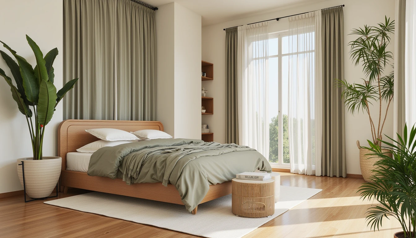 olive green color drenched bedroom with natural linen and rattan accents