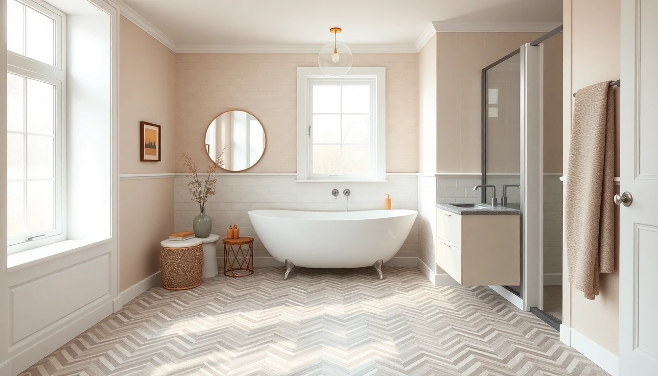 Grey and white chevron pattern tile flooring in a bright modern bathroom