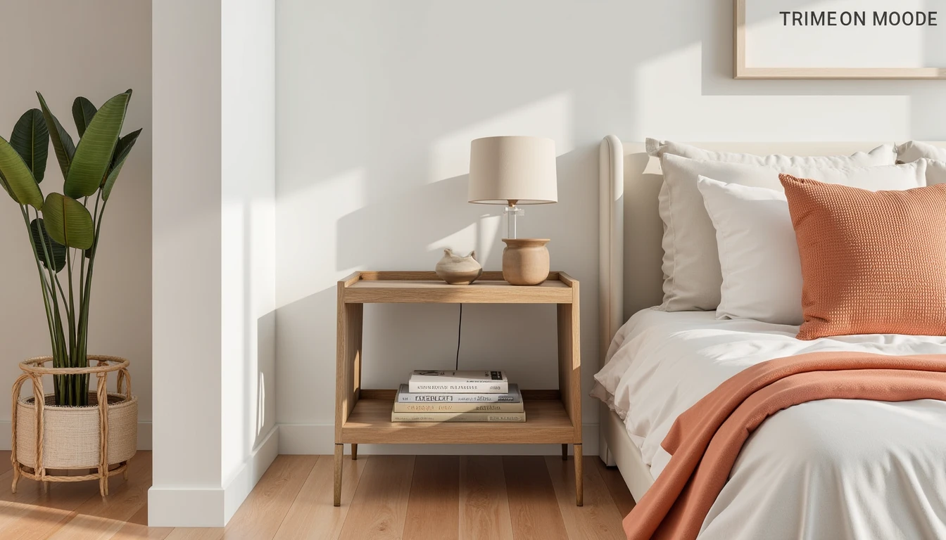 two-tier open shelving nightstand with books on the lower level and a lamp on top