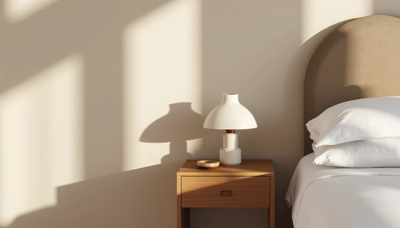 styled small bedside table with a lamp, a single book, and a small ceramic dish