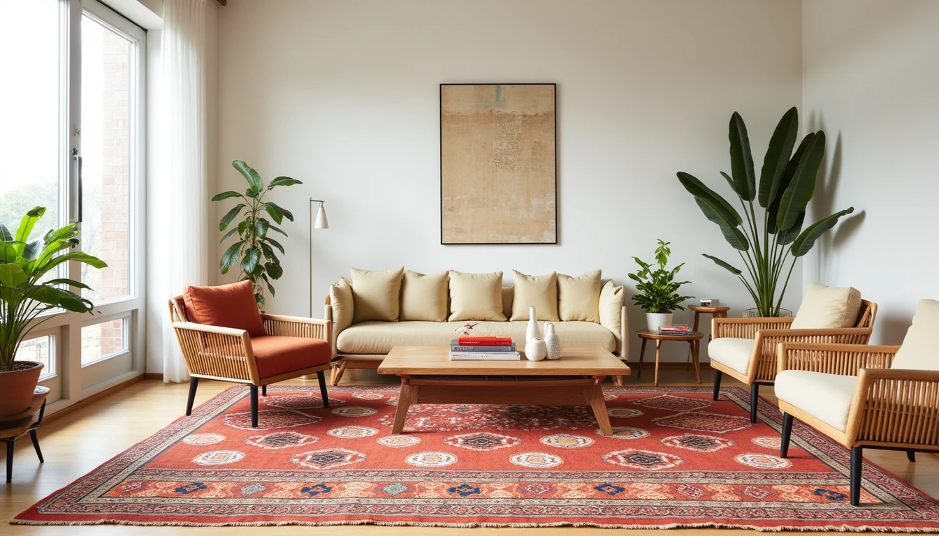 Moroccan style multicolor rug with diamond pattern in a bohemian living room with rattan furniture