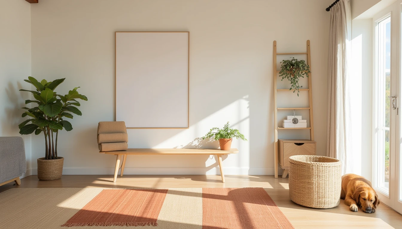 small flatweave rug in a sunny living room corner with a dog resting nearby