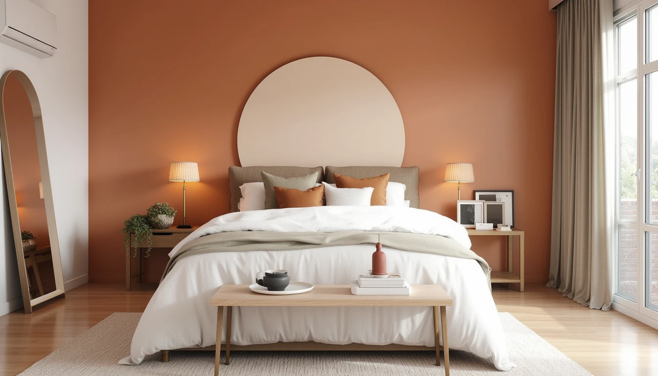 two tone color drenched bedroom with a subtle tonal break between wall and ceiling shade