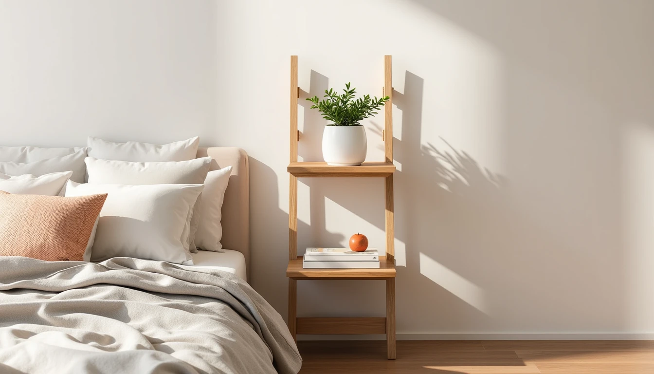 slim ladder shelf nightstand leaning against the wall beside a bed with books and a small plant