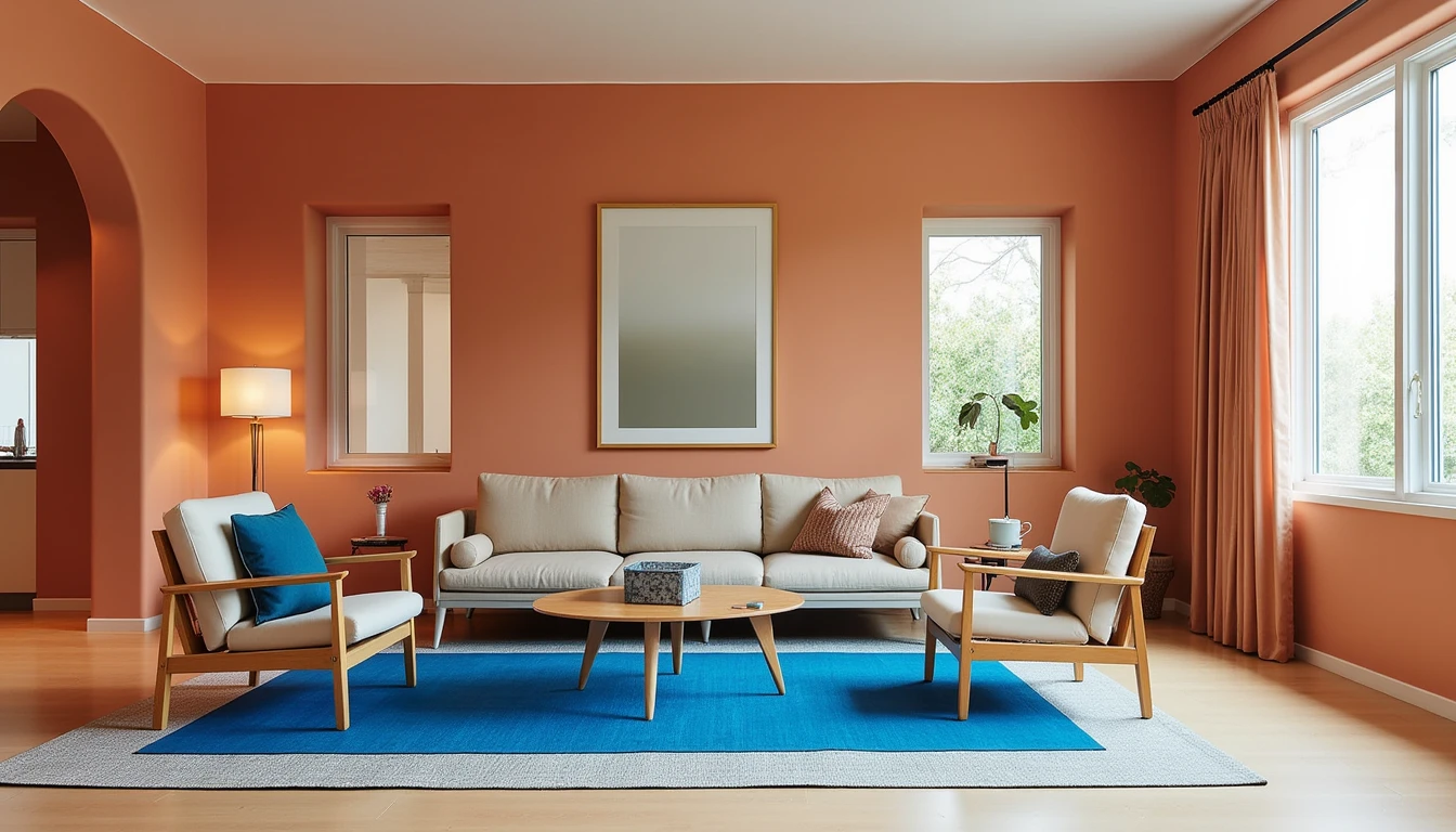 Bright cobalt blue rug in a warm toned living room with terracotta walls and wood furniture