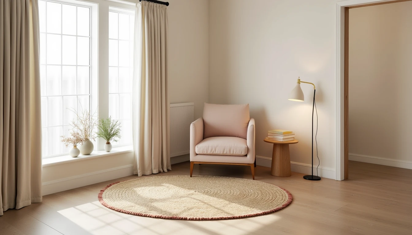 small wool rug anchoring a single armchair with a floor lamp in a quiet reading corner