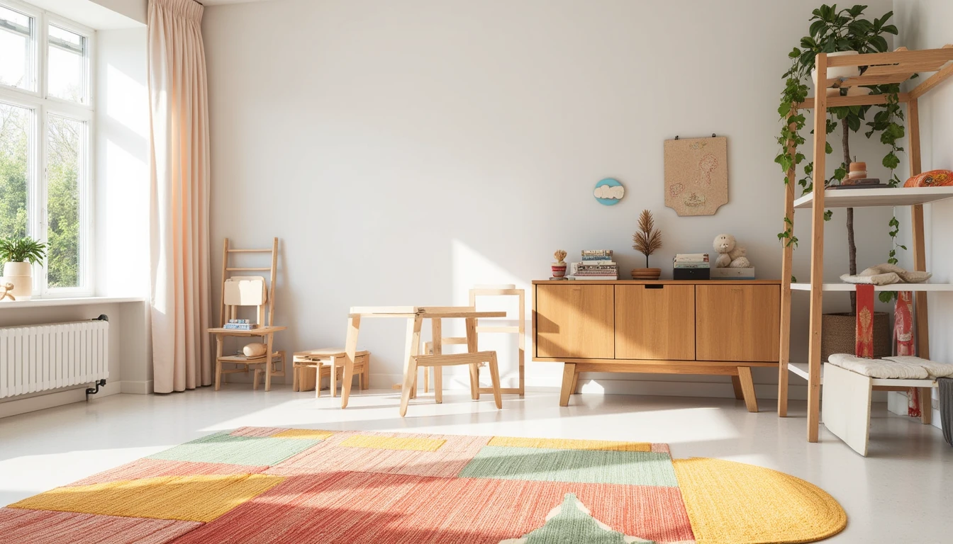 Soft multicolor rug with playful pattern in a bright children's playroom