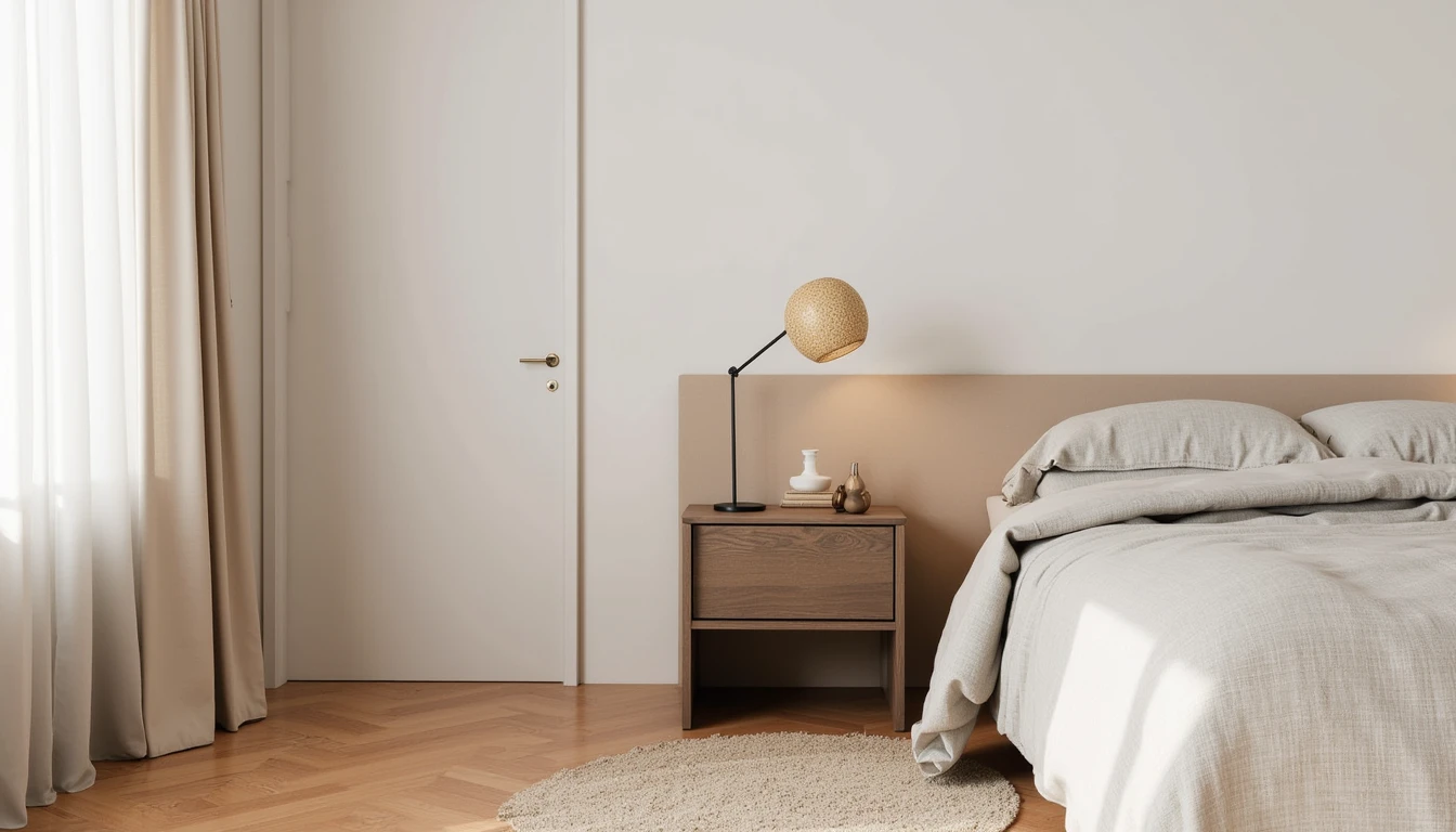 tall narrow console table beside a low platform bed frame with minimal styling