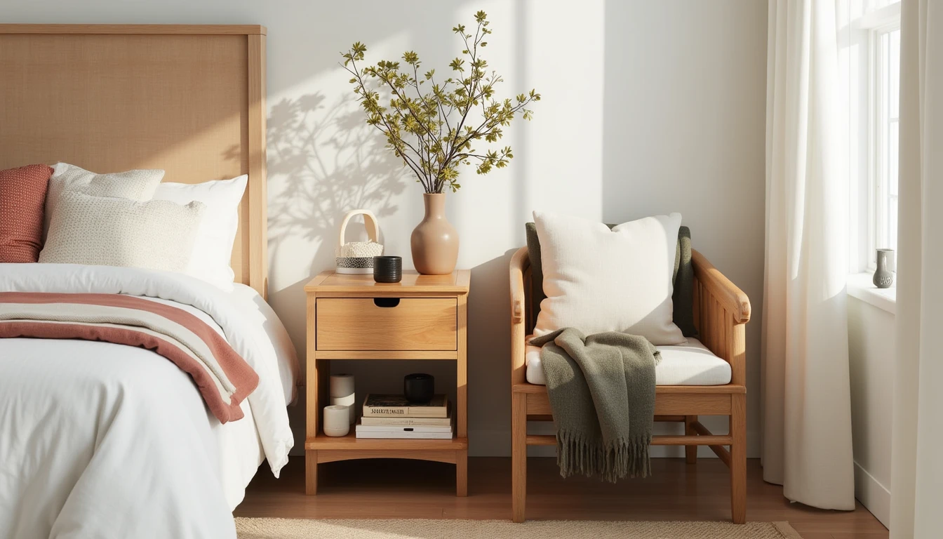 two stacked wooden crates used as a rustic nightstand beside a farmhouse-style bed