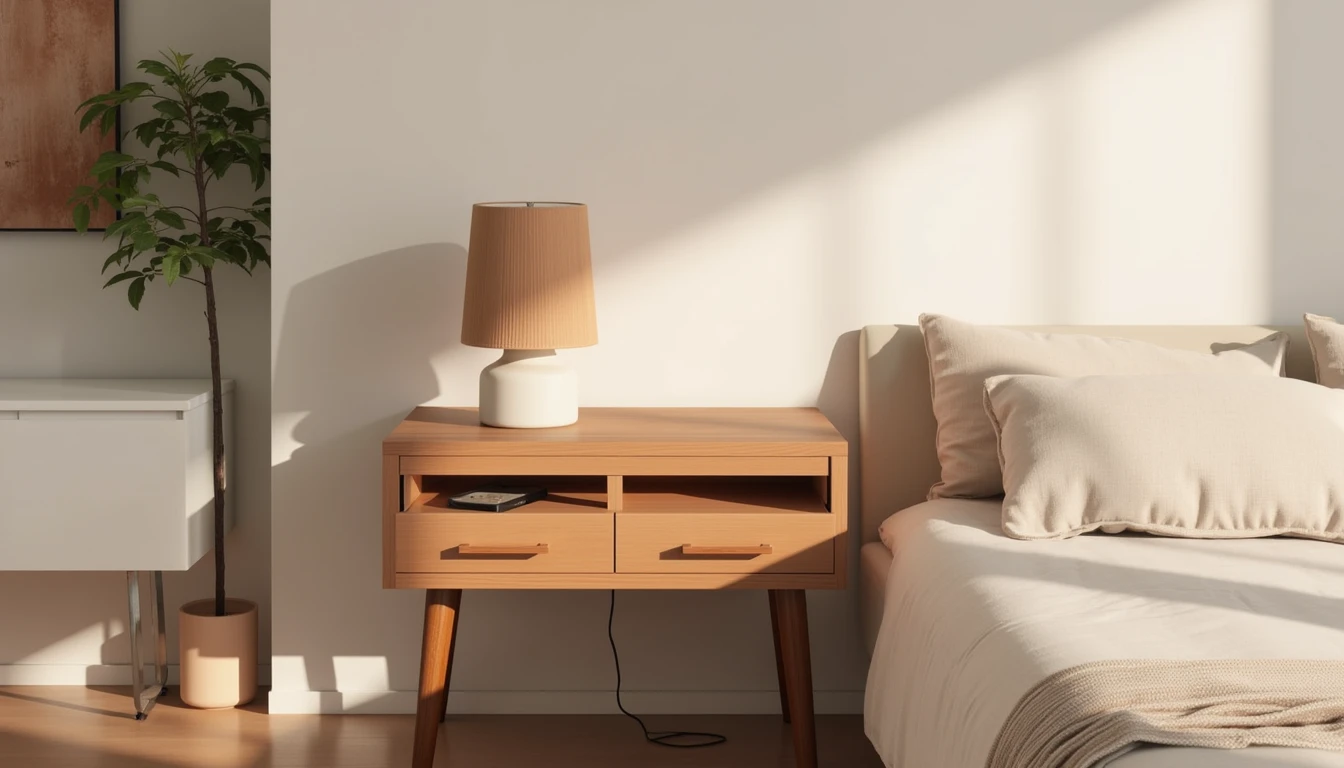 small nightstand with a hidden built-in charging drawer and a ceramic lamp on top