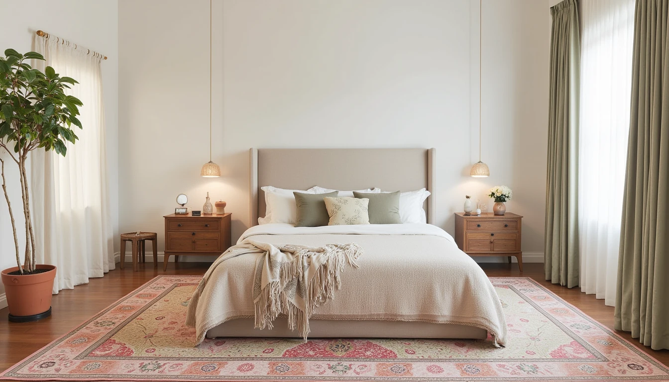 Floral multicolor rug in soft pink and green tones in a romantic bedroom with vintage furniture
