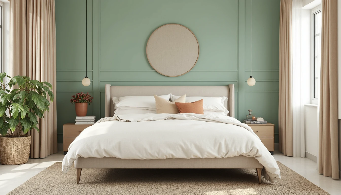 soft sage green color drenched bedroom with botanical accents and natural light