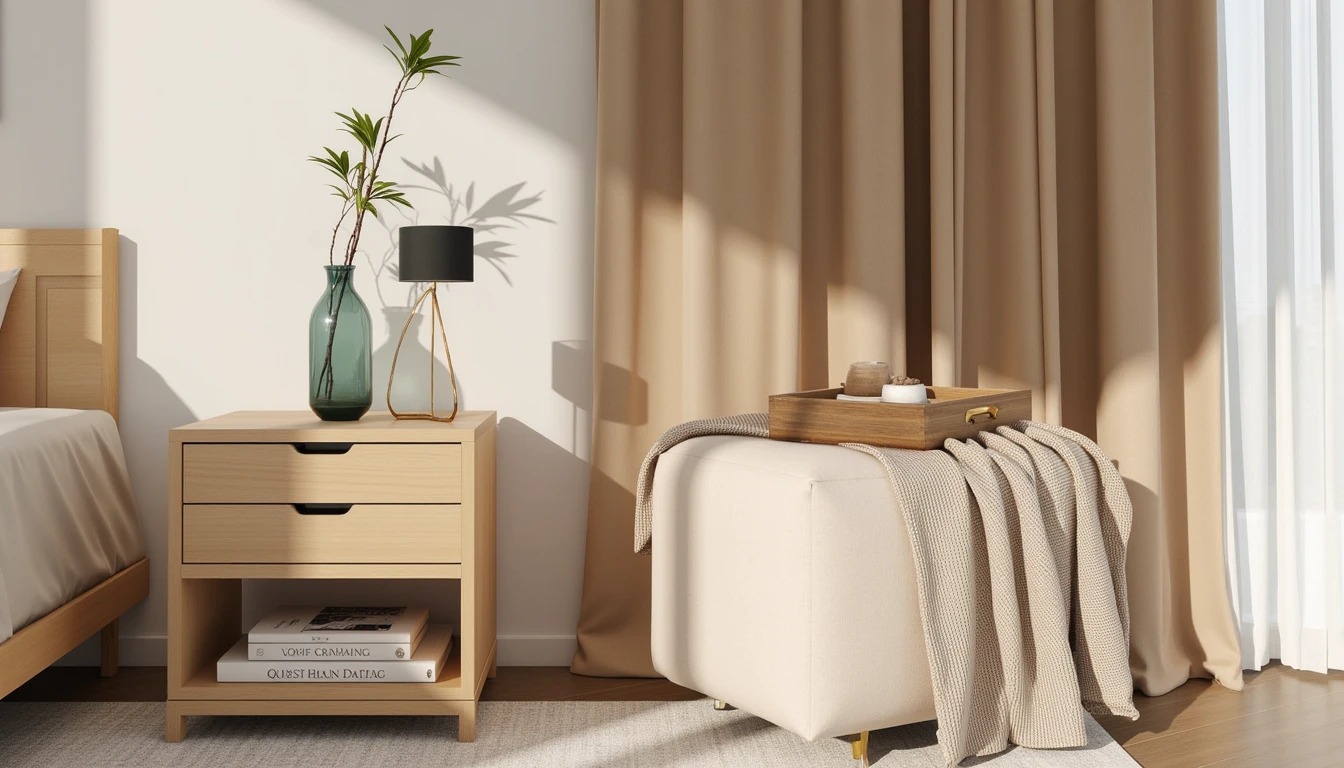 upholstered cube ottoman used as a soft bedside table with a wooden tray on top