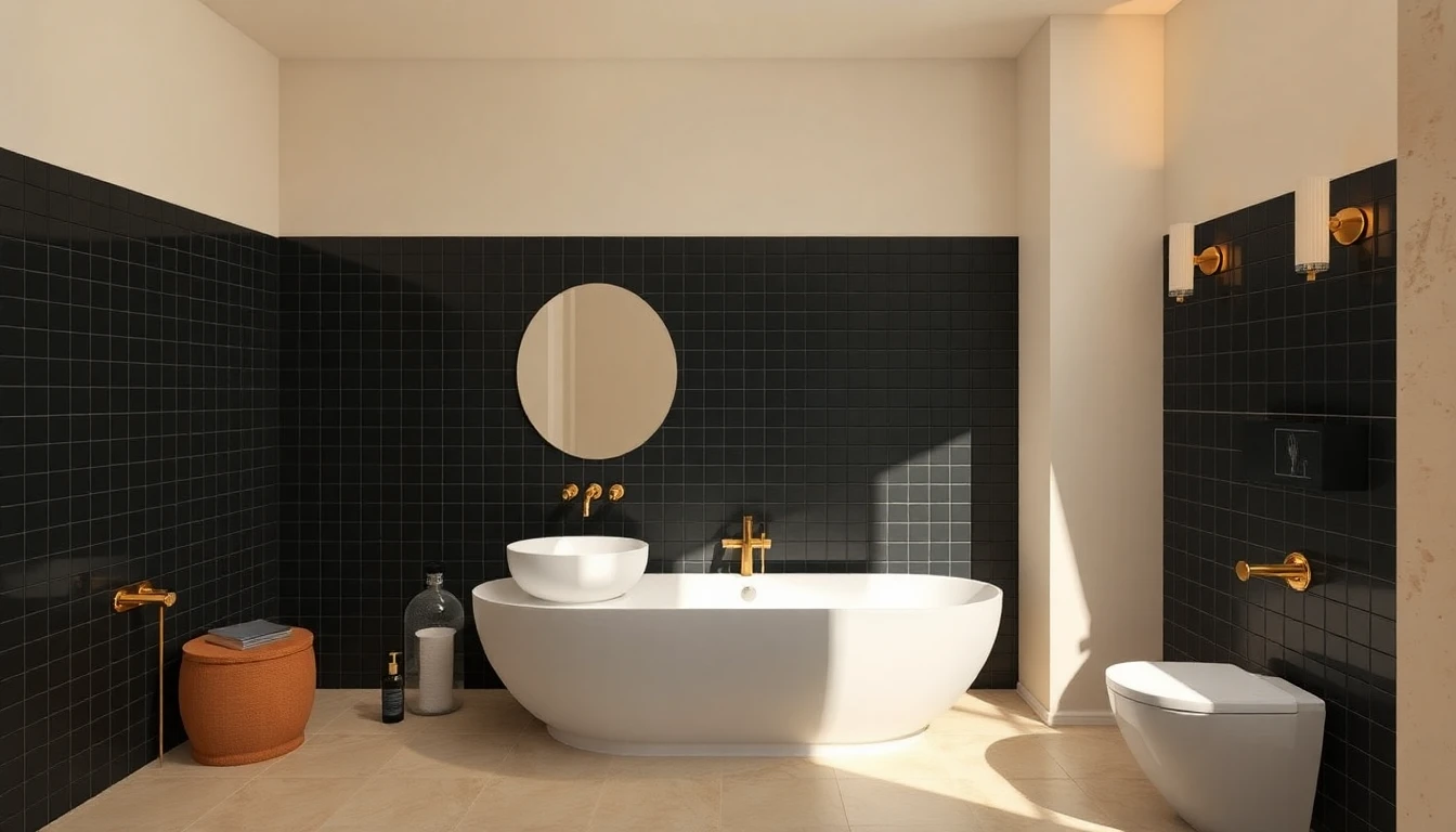 Matte black square tile covering a full bathroom wall with brass fixtures and warm lighting
