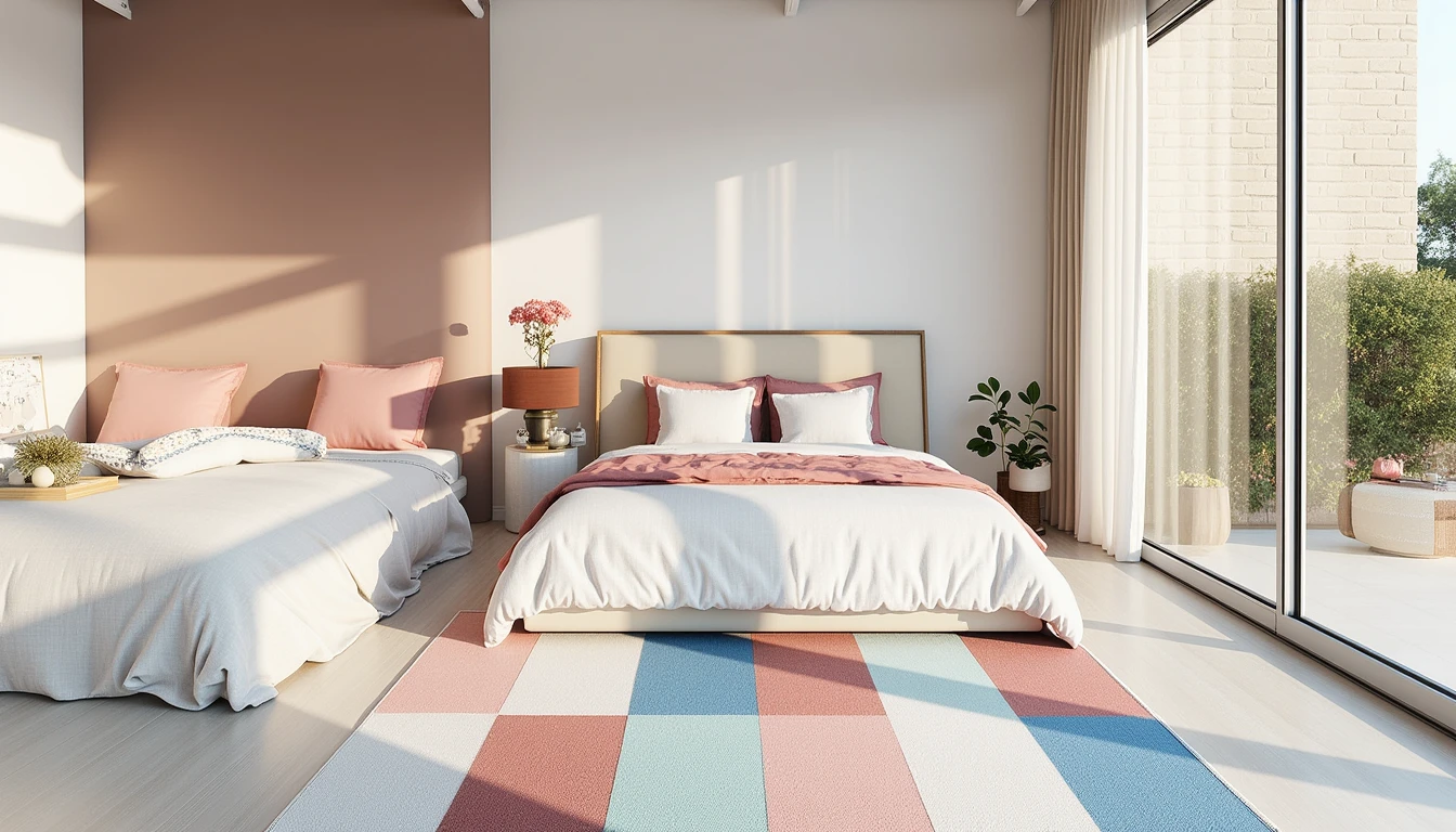 Soft pastel pink and blue rug beside a bed in a sunlit airy bedroom with linen bedding