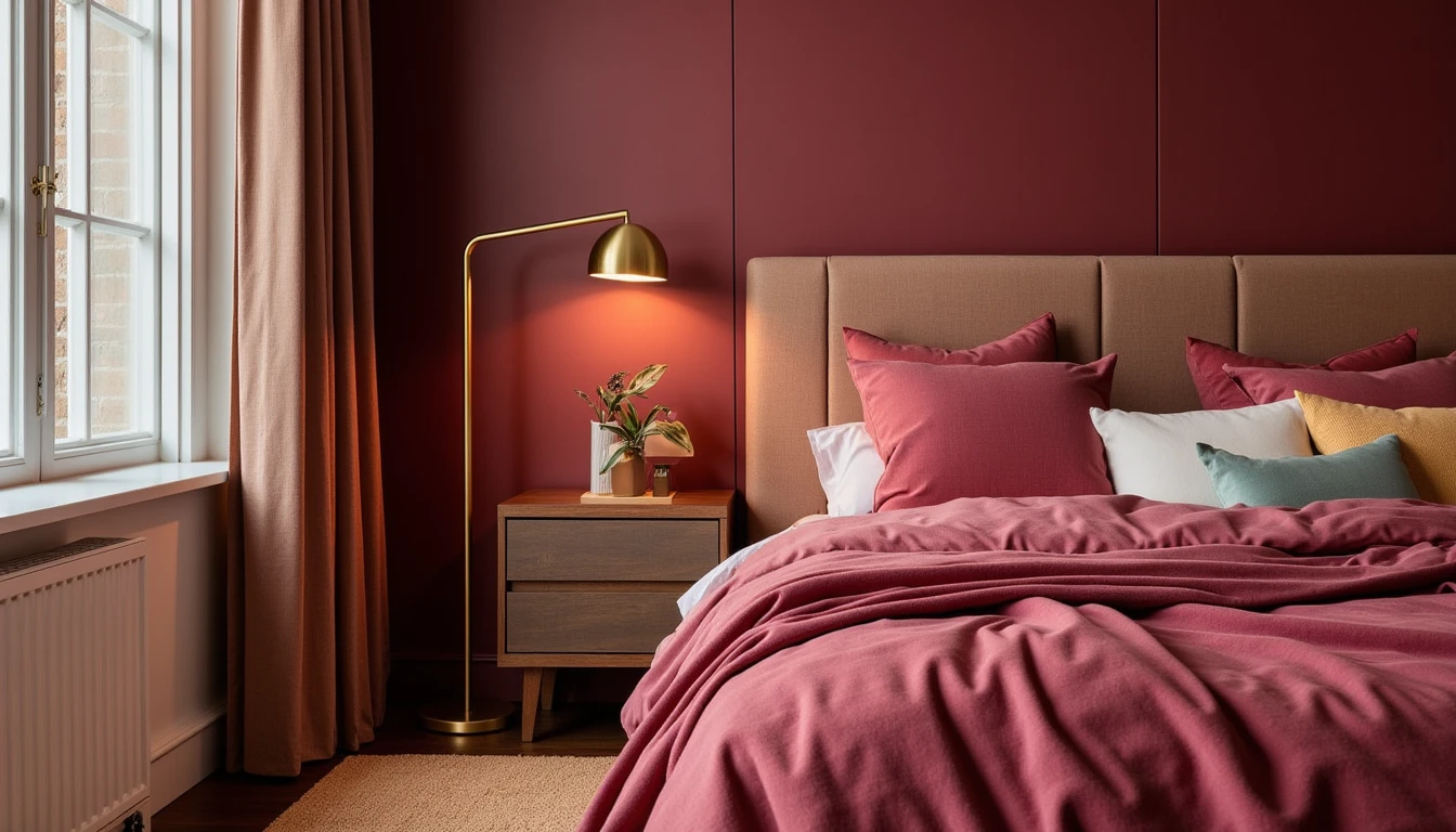 deep burgundy color drenched bedroom with velvet textiles and brass lamp