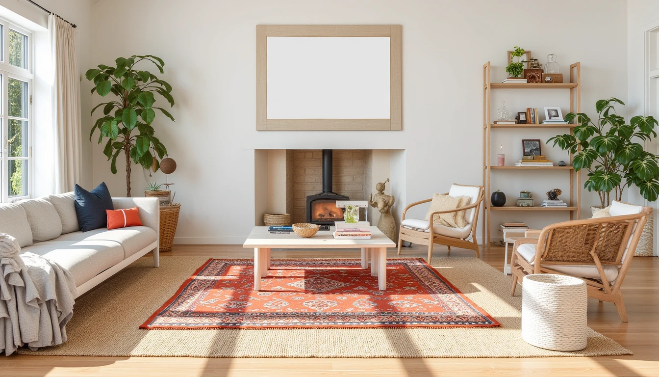 Colorful patterned rug layered over natural jute rug on light oak flooring in a sunlit living room