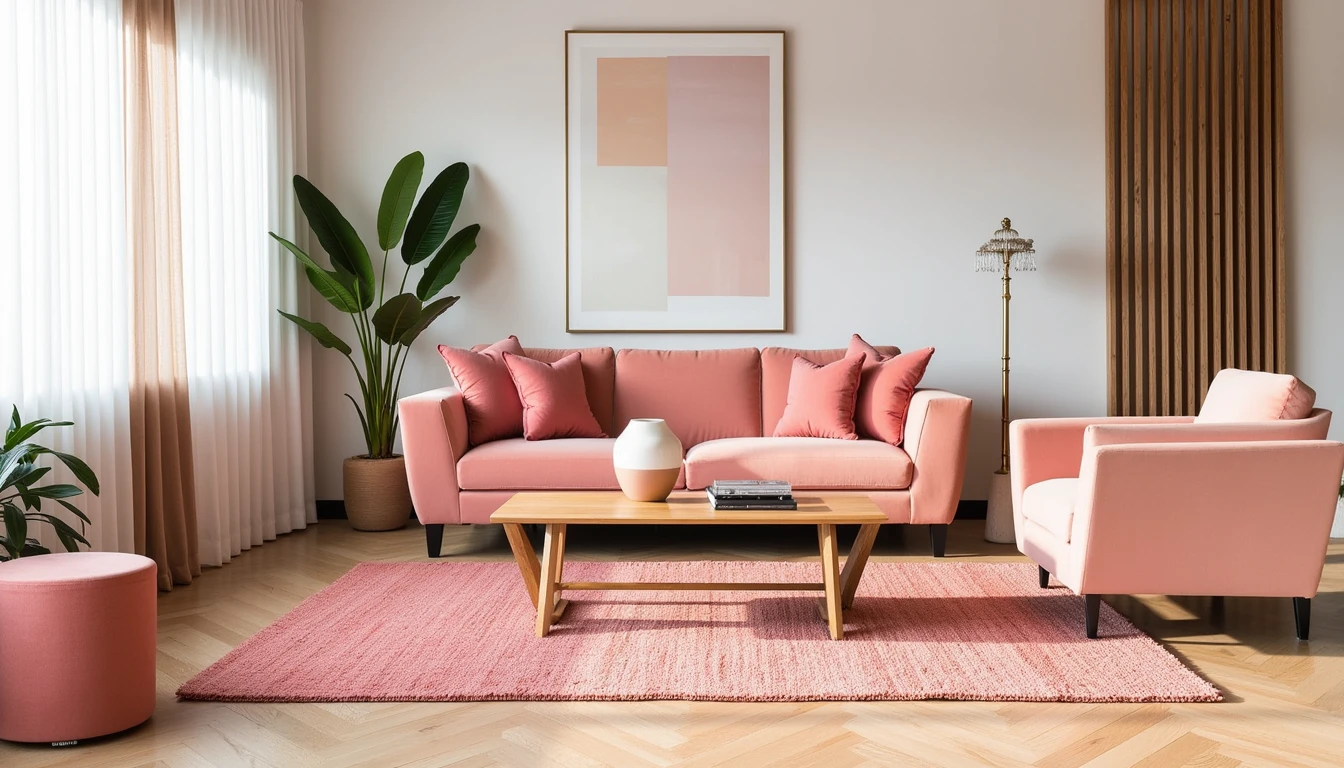 Coral and blush pink rug in a warm feminine living room with velvet sofa