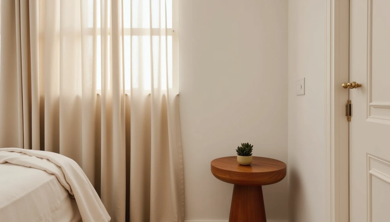 round wooden pedestal nightstand tucked into a narrow bedroom corner