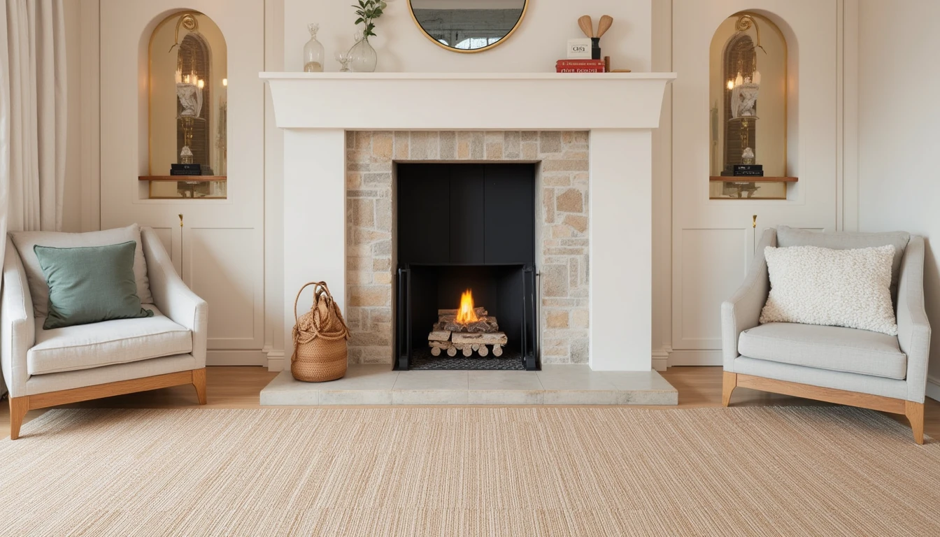 small heat-resistant rug placed in front of a stone fireplace hearth