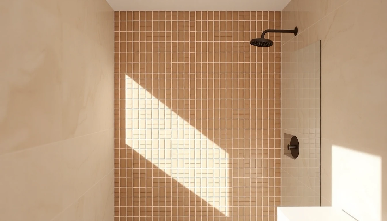Recessed shower niche lined with vertically stacked narrow tile in a contrasting color