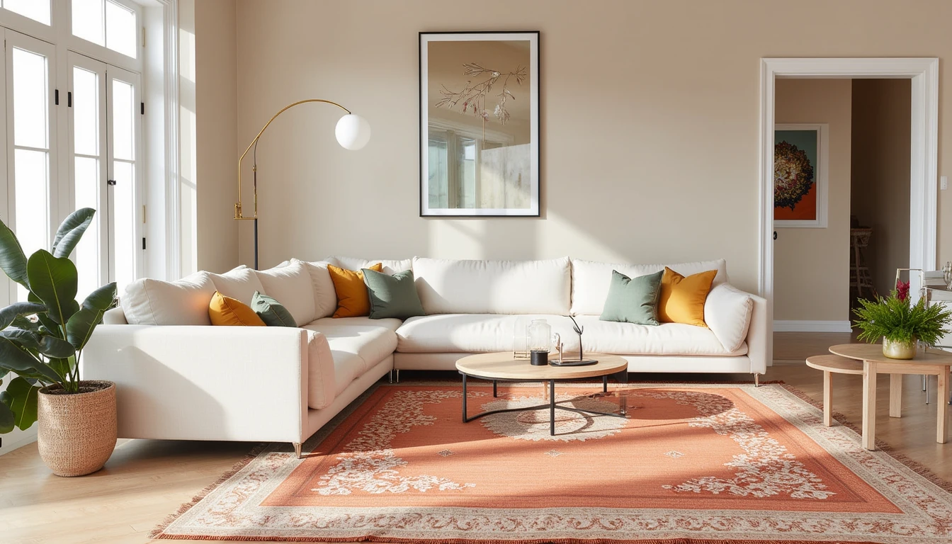 Colorful rug paired with neutral linen sofa and sand colored walls in a calm living room