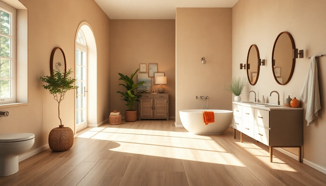 Plank,style wood,look porcelain tile flooring throughout a warm sunlit bathroom