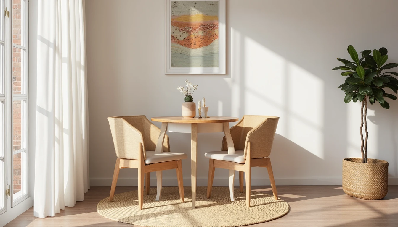 small round rug beneath a round bistro-style dining table in a breakfast corner