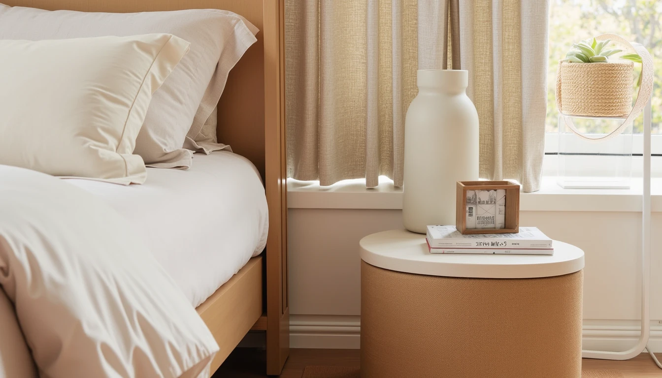 small fabric-wrapped nightstand with soft rounded edges beside a plush bed