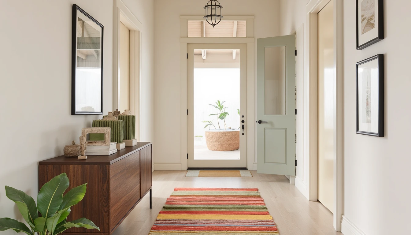 Colorful striped runner rug along a narrow entryway hallway with console table