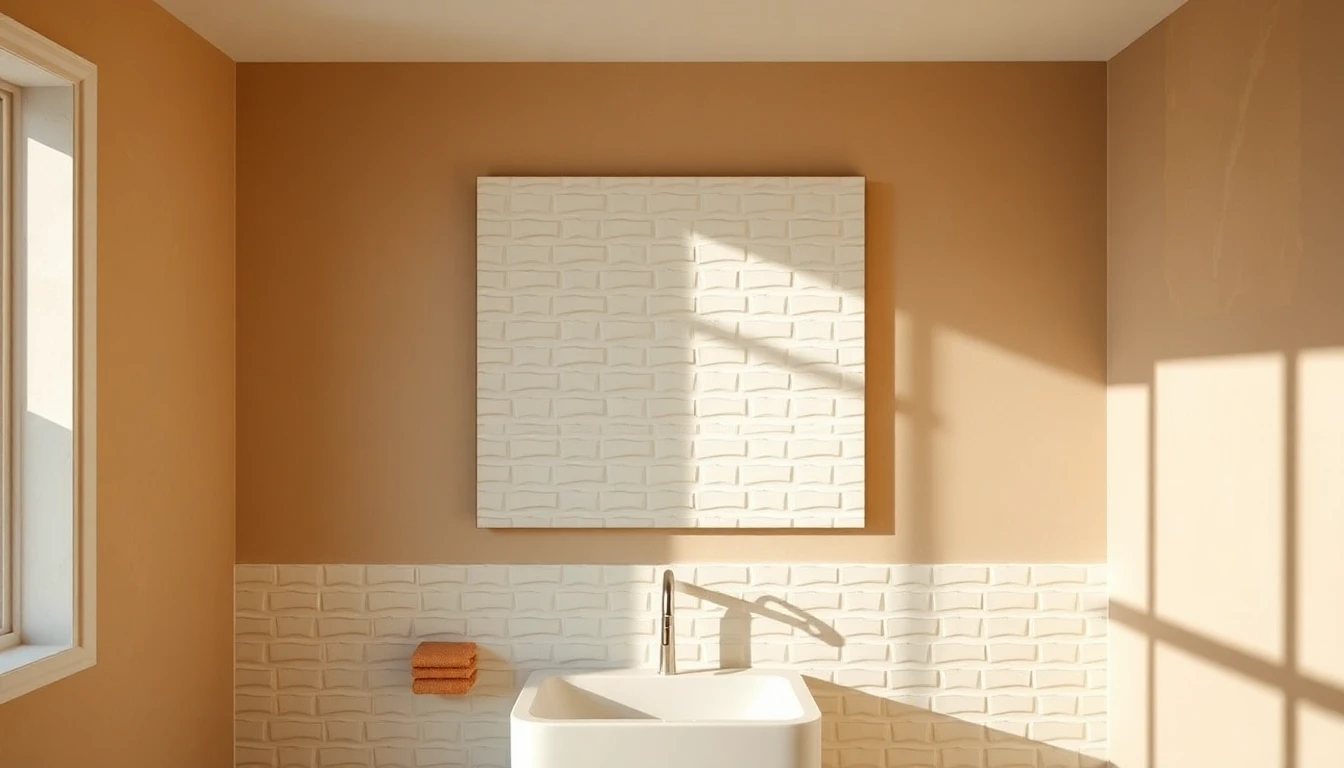 Three,dimensional sculpted white tile accent wall behind a bathroom mirror catching soft shadow