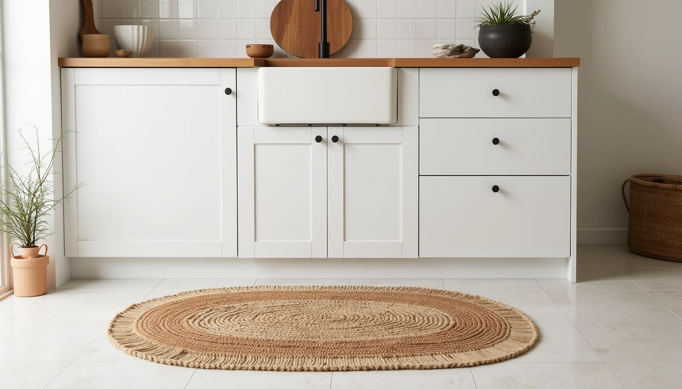 small washable kitchen rug placed in front of a farmhouse sink on tile flooring