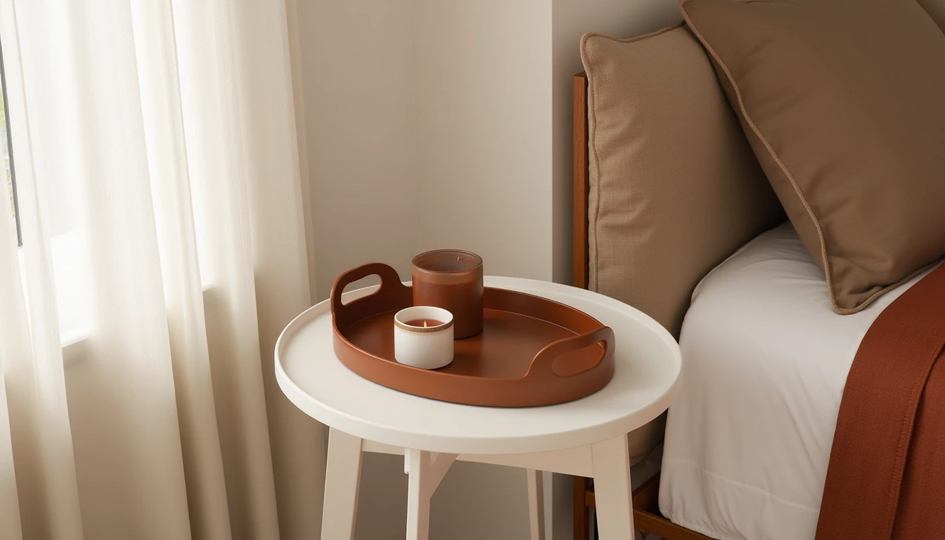 small nightstand with a removable tray top holding a candle and a cup of tea