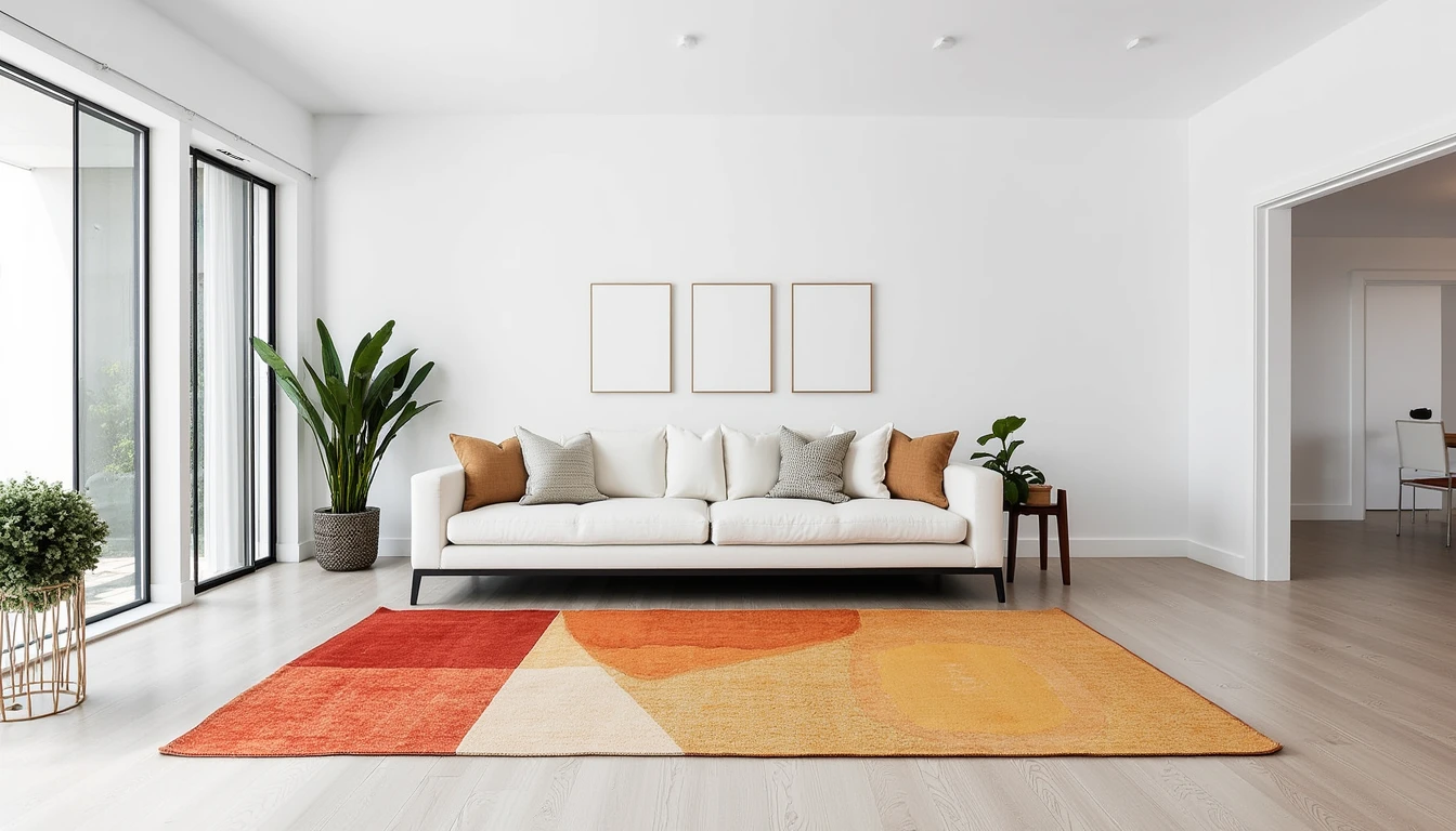 Single colorful rug anchoring an all white monochrome living room with black accents