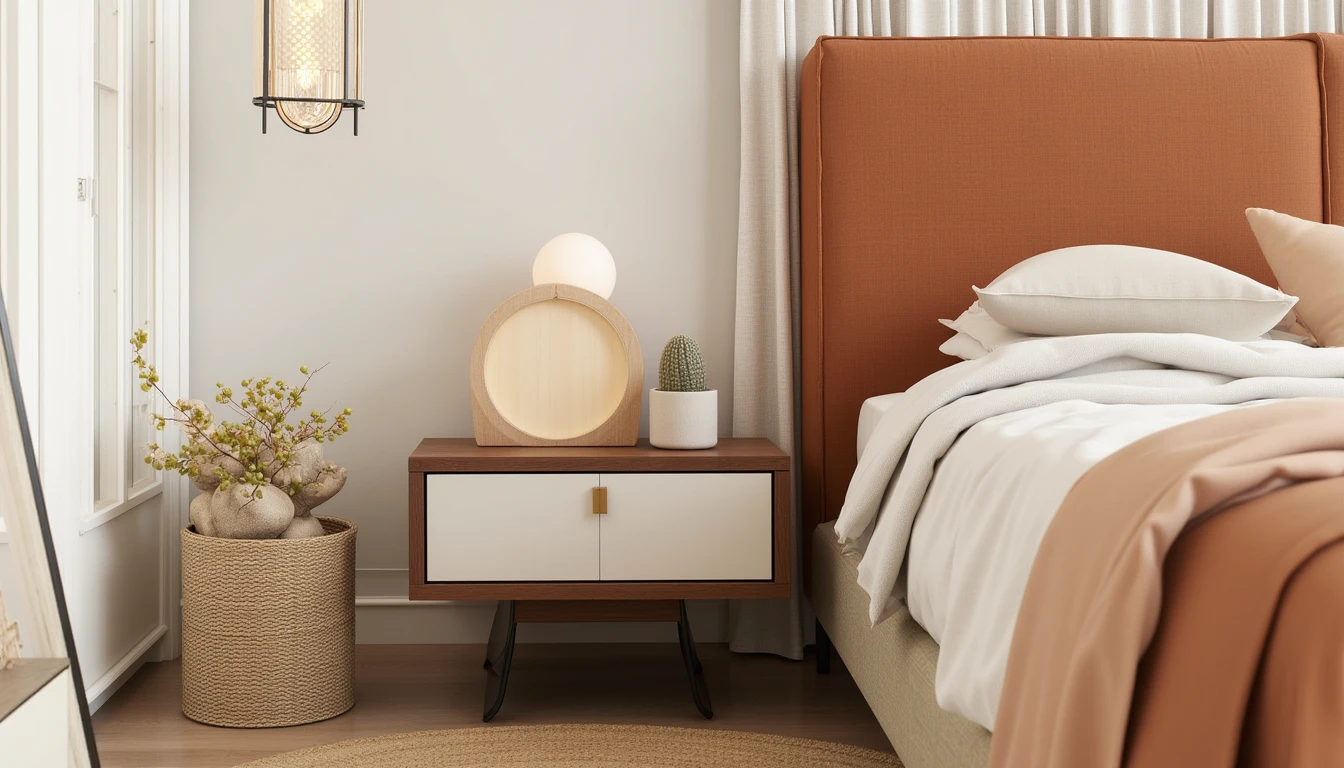 slim c-shaped side table sliding partially under a low platform bed frame