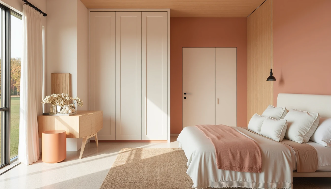 color drenched bedroom with built in wardrobe doors painted to match the walls