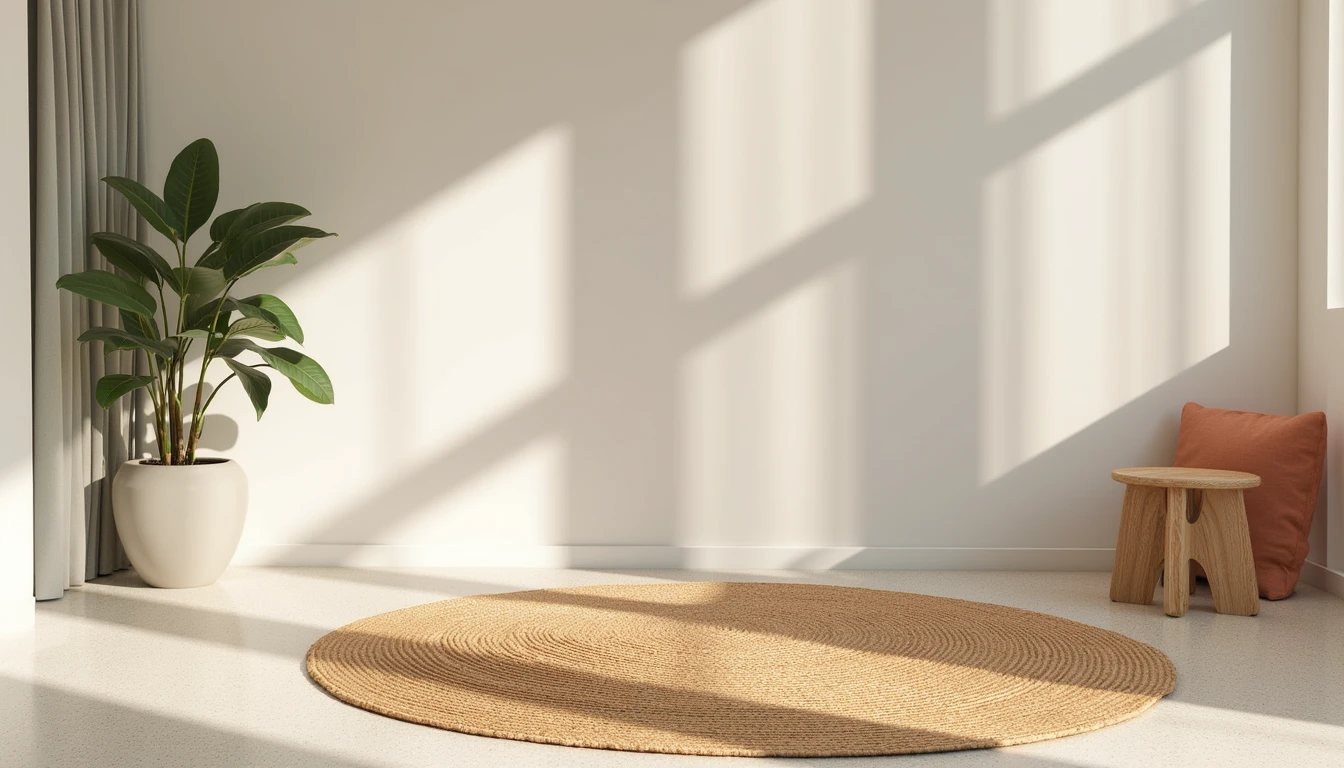 small natural fiber rug in a quiet meditation corner with a cushion and plant
