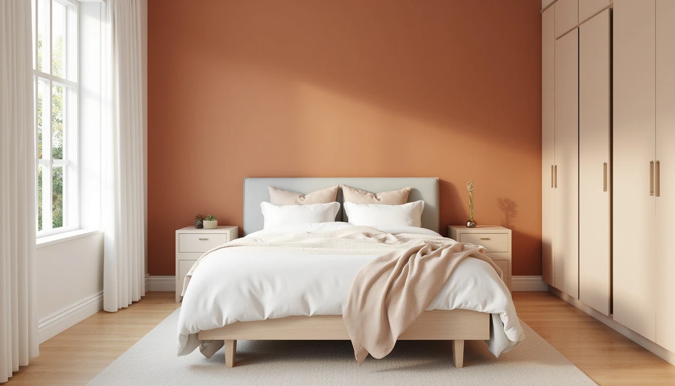 bedroom painted entirely in one warm neutral hue from ceiling to baseboard, soft diffused light
