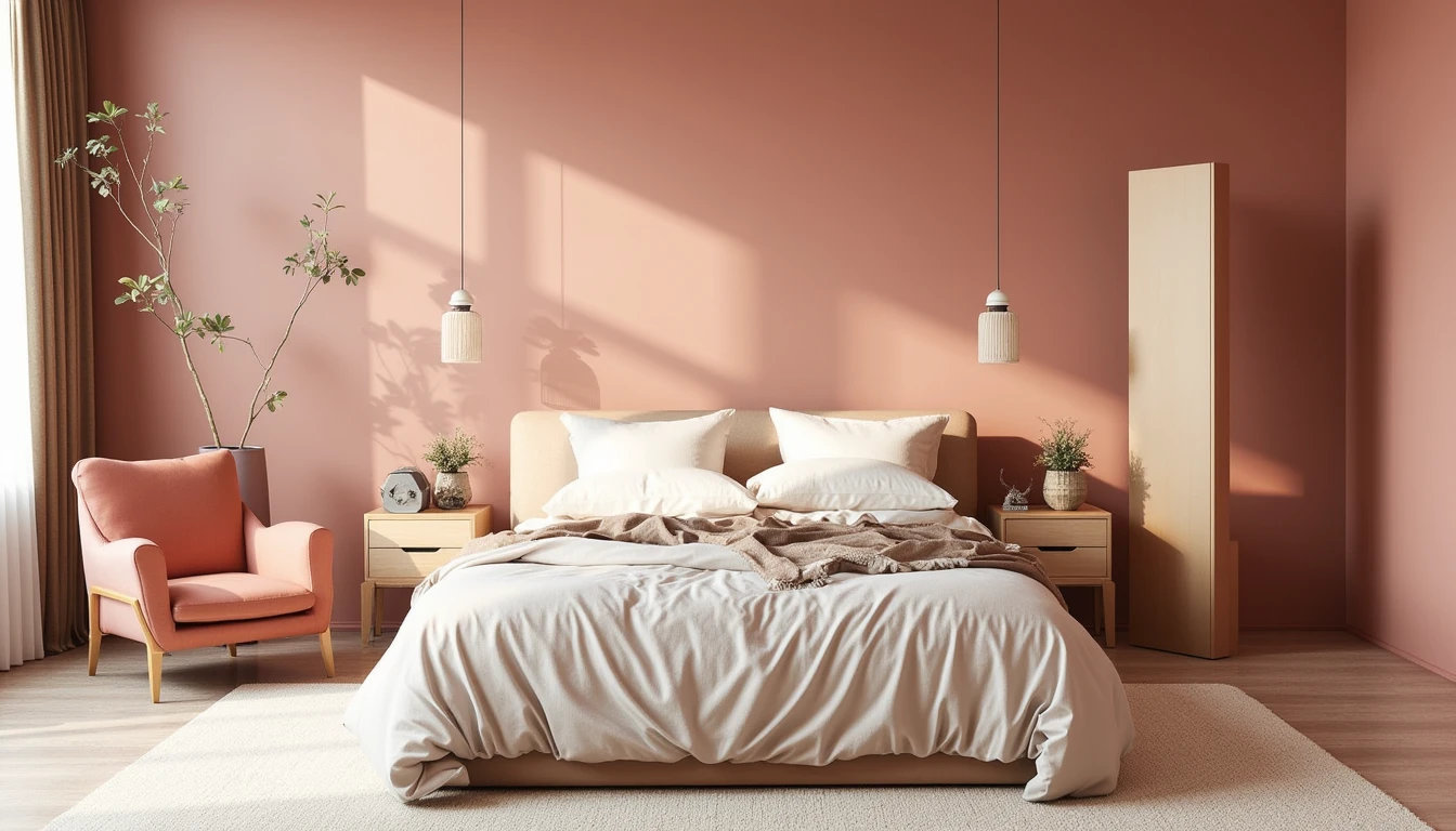 dusty rose color drenched bedroom with soft textiles and warm afternoon light