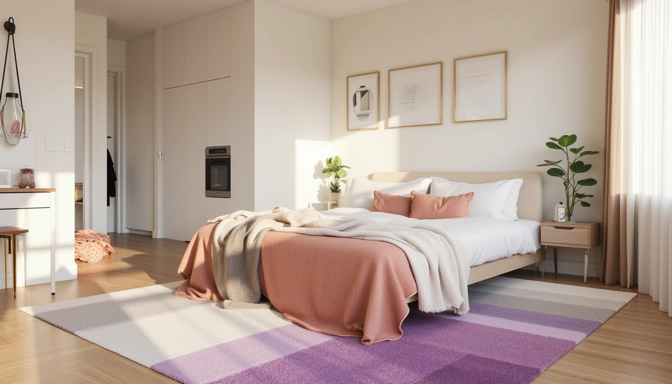 Ombre gradient colorful rug transitioning from deep purple to soft lavender in a bedroom