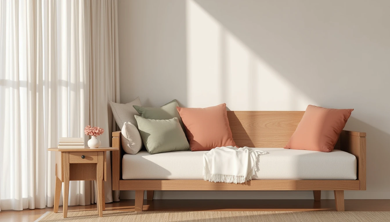 slim nightstand positioned beside a single-sided daybed with bolster pillows