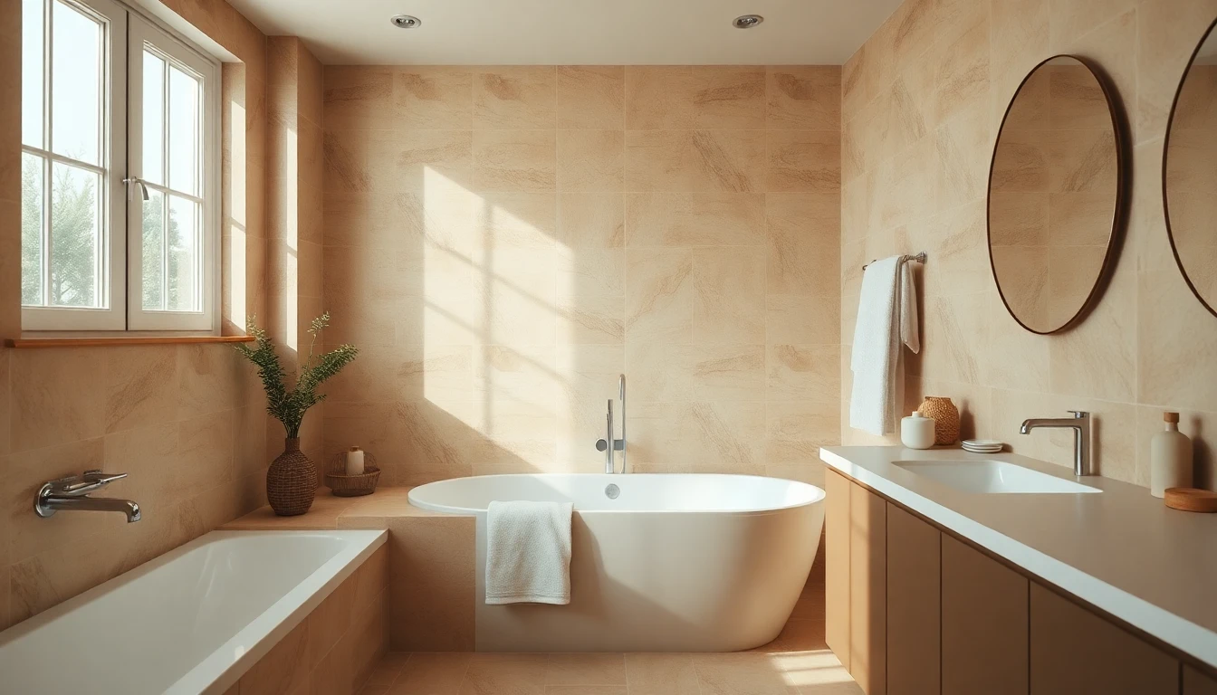 Warm sand and cream tile bathroom with linen towels and natural light creating a calm neutral retreat