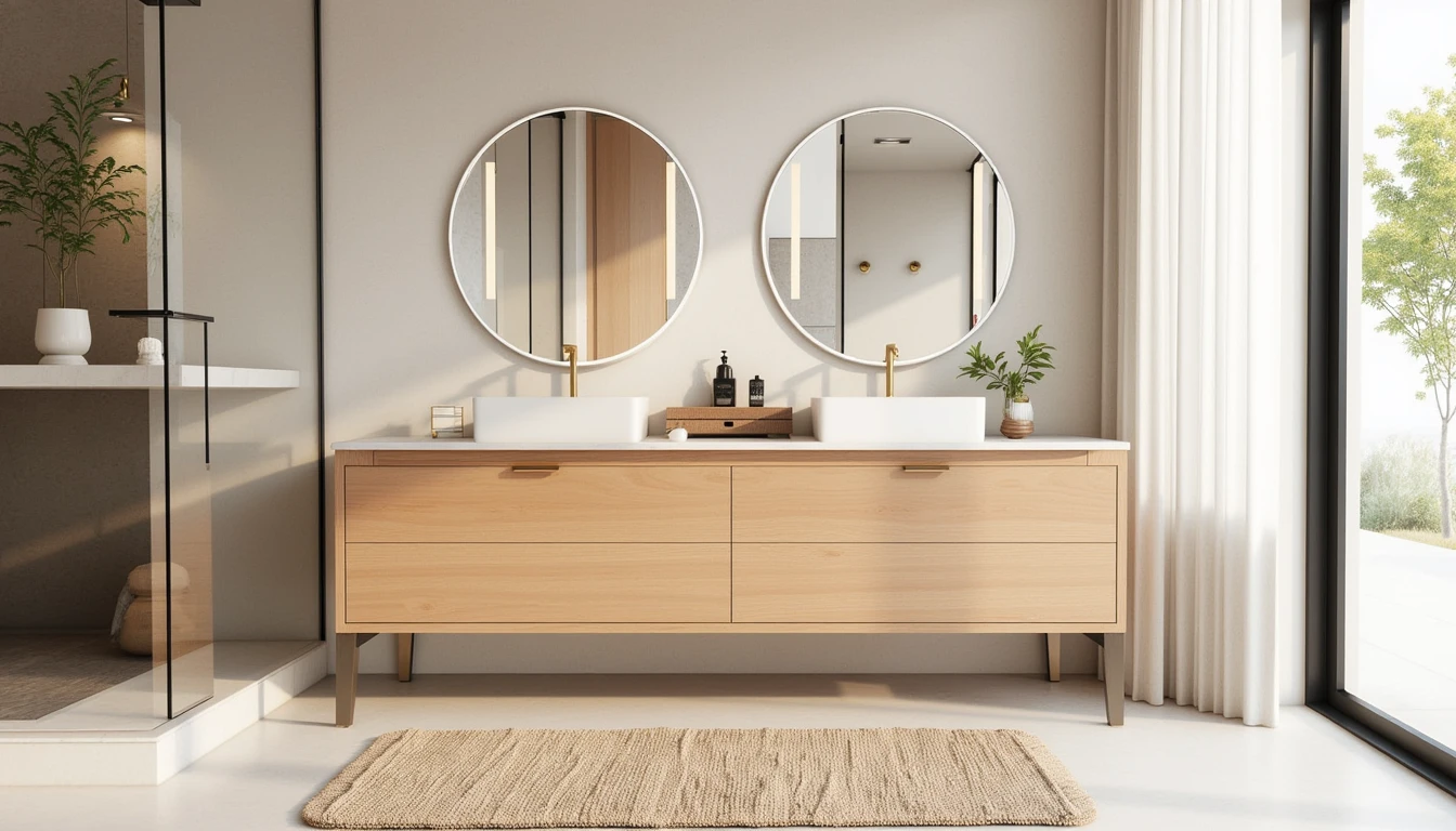 small absorbent bath rug placed in front of a double vanity with marble countertop