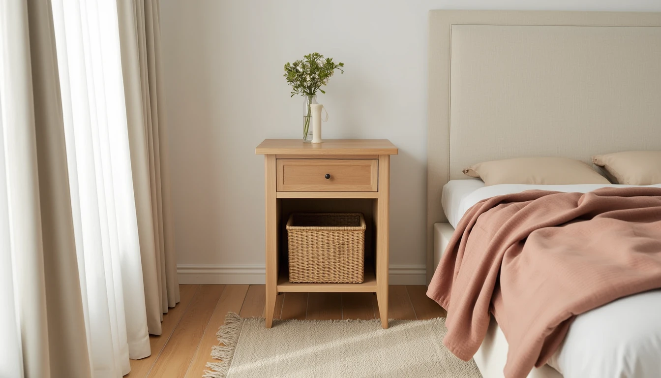 small open-shelf nightstand with a woven wicker storage basket tucked underneath